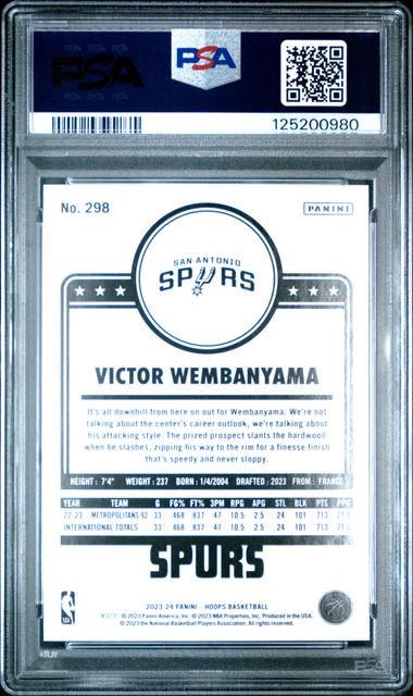 Graded 2023 Panini Hoops Victor Wembanyama #298 Hyper Blue Rookie RC Basketball Card PSA 10 Gem Mint