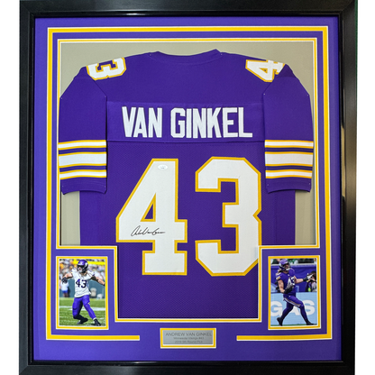 Framed Autographed/Signed Andrew Van Ginkel 35x39 Minnesota Purple Football Jersey JSA COA #2