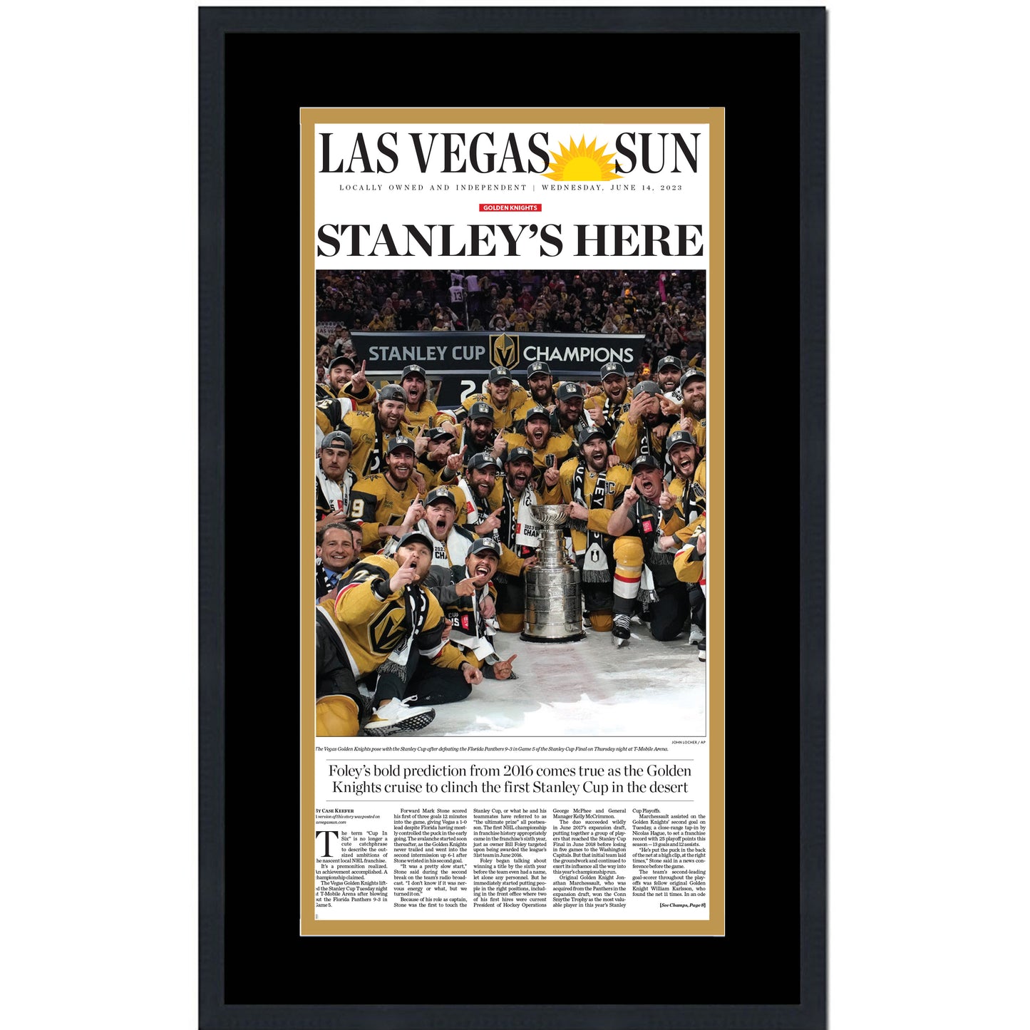 Framed Las Vegas Sun Golden Knights 2023 Stanley Cup Champions 14x24 Hockey Newspaper Cover Photo Professionally Matted V2
