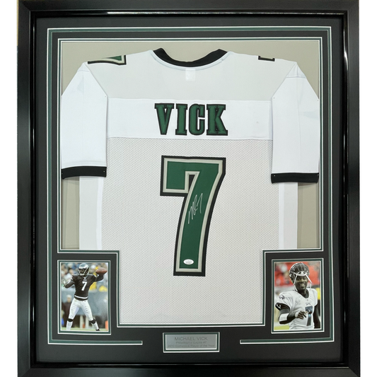 Framed Autographed/Signed Michael Mike Vick 35x39 Philadelphia White Football Jersey PSA/DNA COA