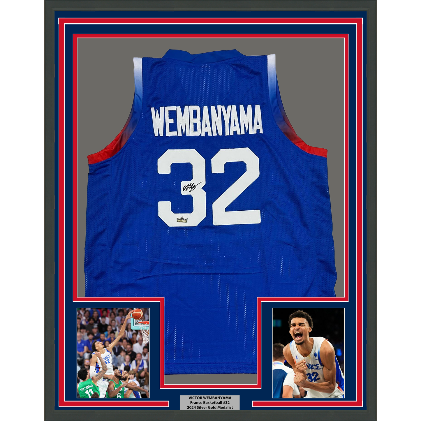 Framed Facsimile Autographed Victor Wembanyama 35x39 France Blue Reprint Laser Auto Basketball Jersey