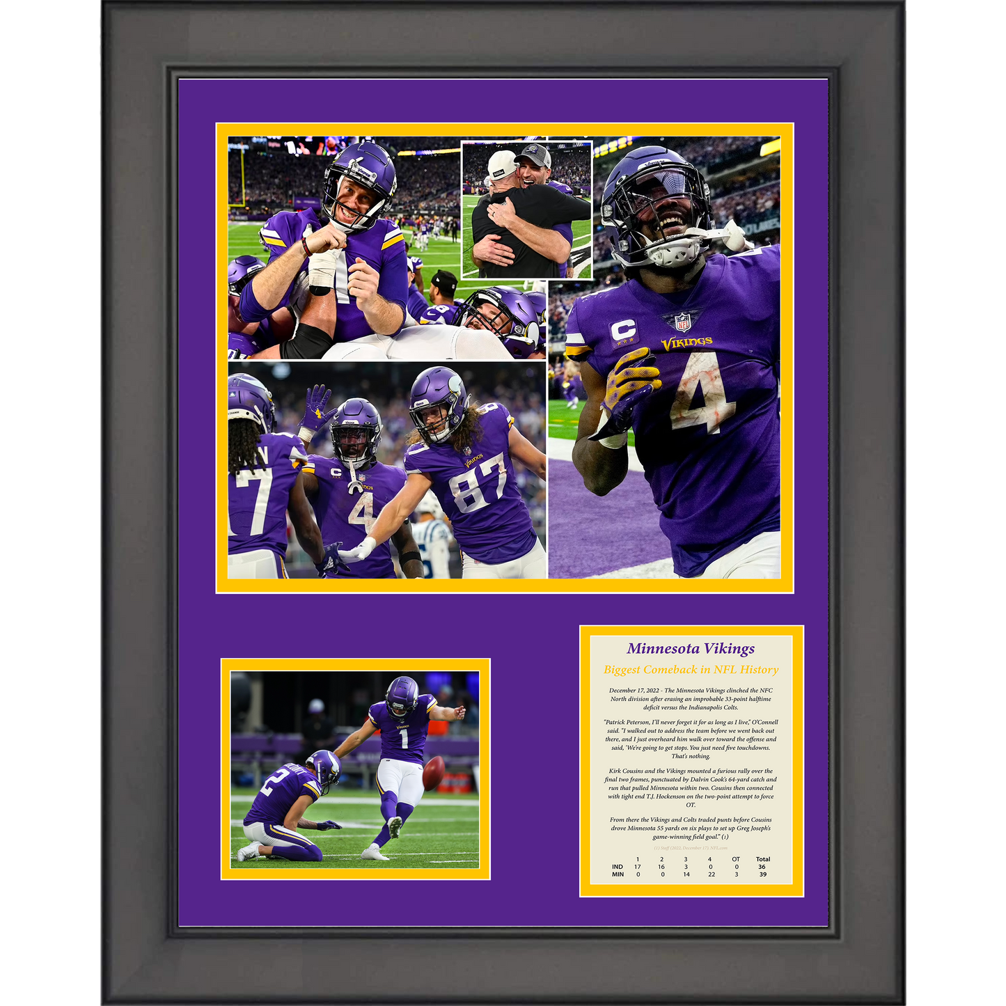 Framed Minnesota Vikings NFL Record 33 Point Comeback 11"x14" Football Three Photo Collage