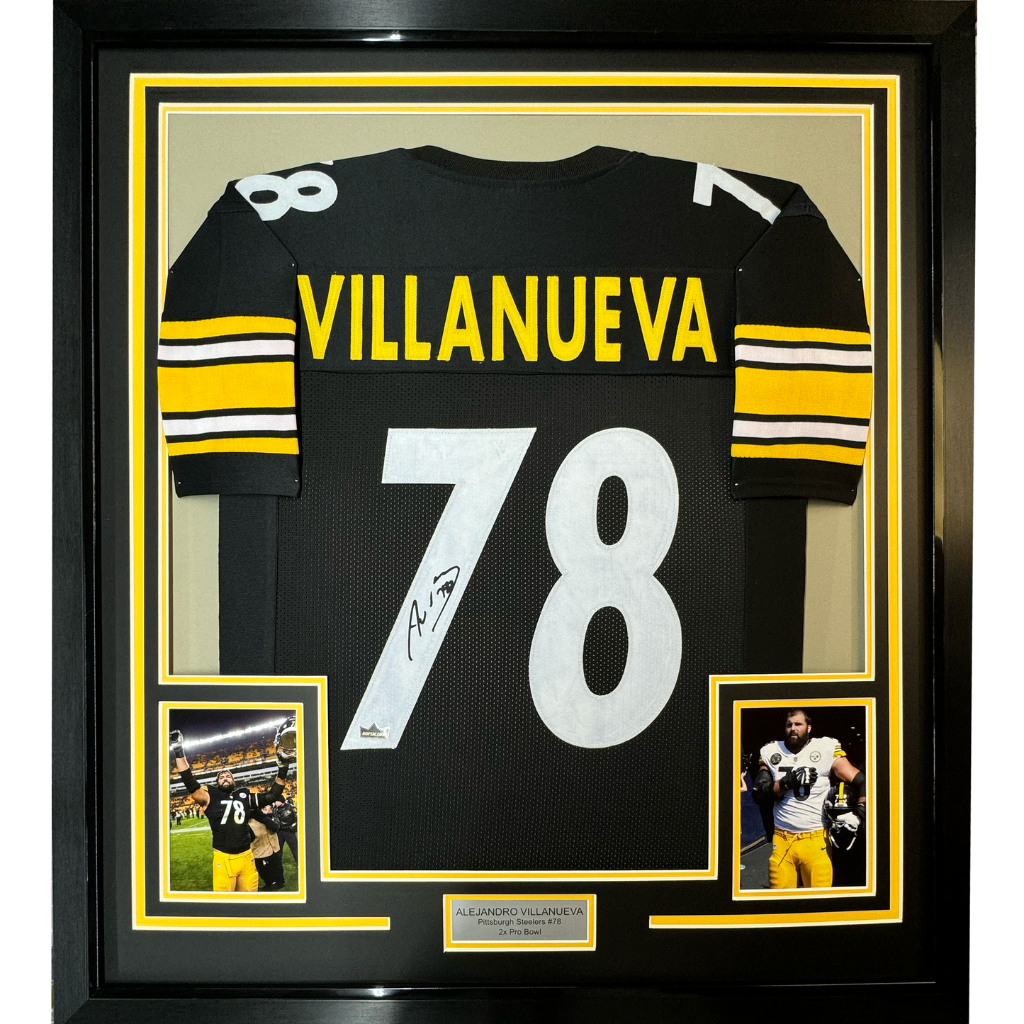 Framed Facsimile Autographed Alejandro Villanueva 35x39 Pittsburgh Black Reprint Laser Auto Football Jersey