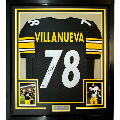 Framed Facsimile Autographed Alejandro Villanueva 35x39 Pittsburgh Black Reprint Laser Auto Football Jersey