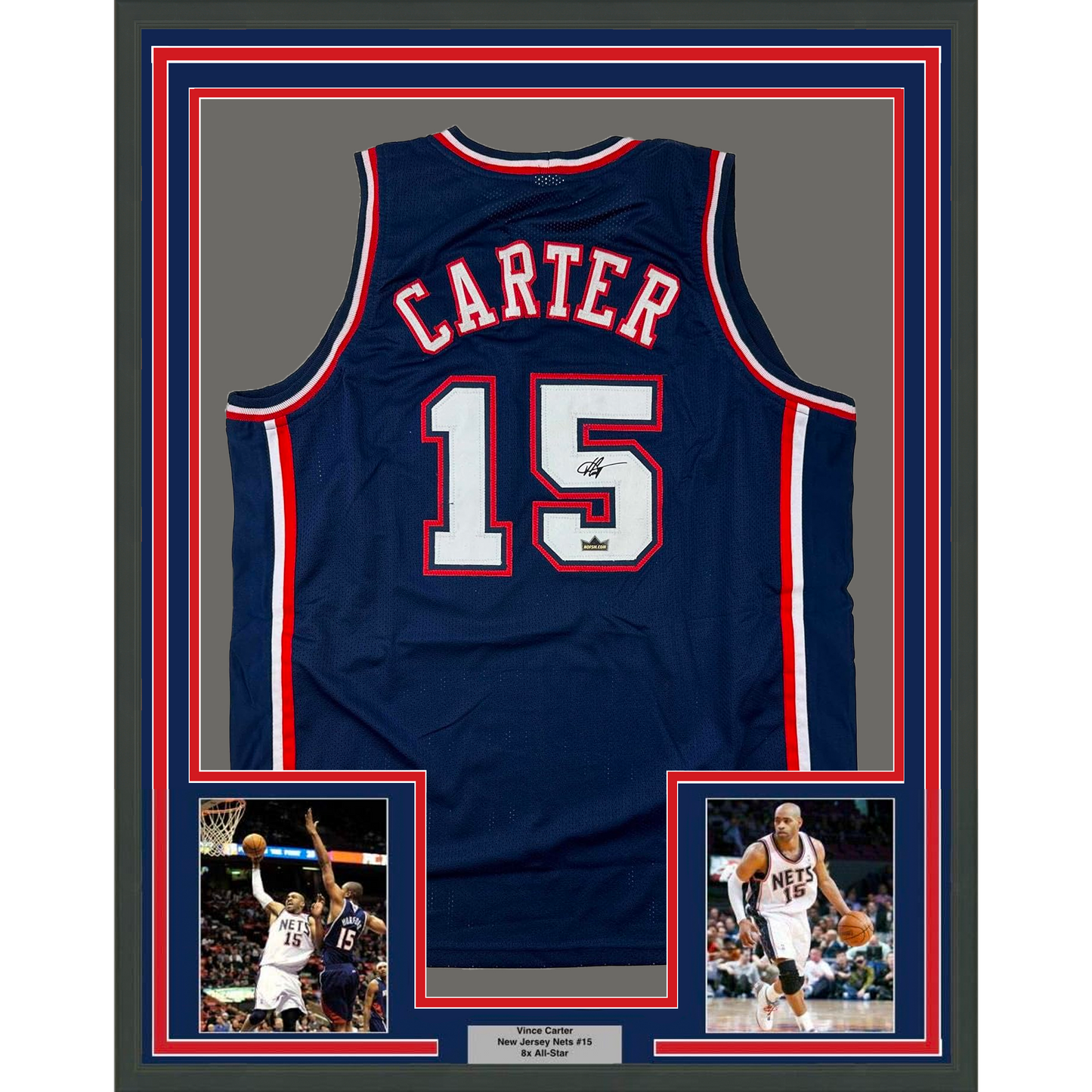 Framed Facsimile Autographed Vince Carter 35x39 New Jersey NJ Blue Reprint Laser Auto Basketball Jersey