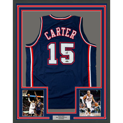 Framed Facsimile Autographed Vince Carter 35x39 New Jersey NJ Blue Reprint Laser Auto Basketball Jersey