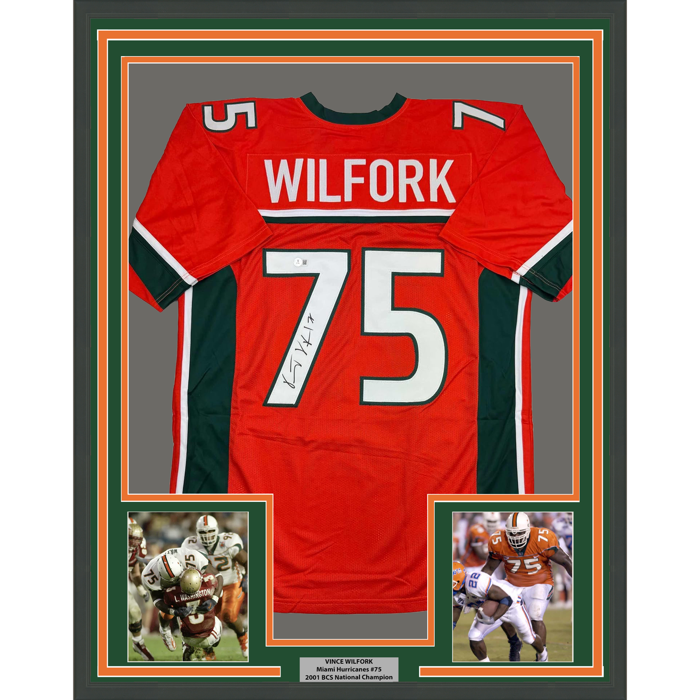 Framed Autographed/Signed Vince Wilfork 35x39 Miami Orange College Football Jersey Beckett BAS COA
