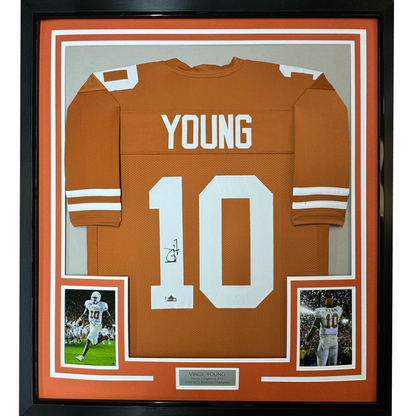 Framed Facsimile Autographed Vince Young 35x39 Texas Orange Reprint Laser Auto College Football Jersey