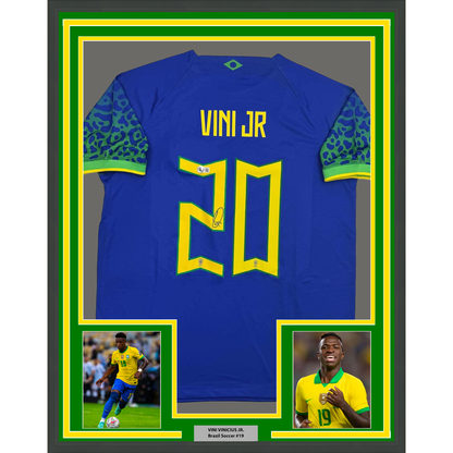 Framed Autographed/Signed Vini Vinicius Jr. 35x39 Brazil Blue Soccer Jersey Beckett BAS COA