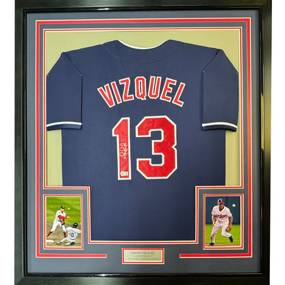 Framed Autographed/Signed Omar Vizquel 35x39 Cleveland Blue Baseball Jersey PSA/DNA COA