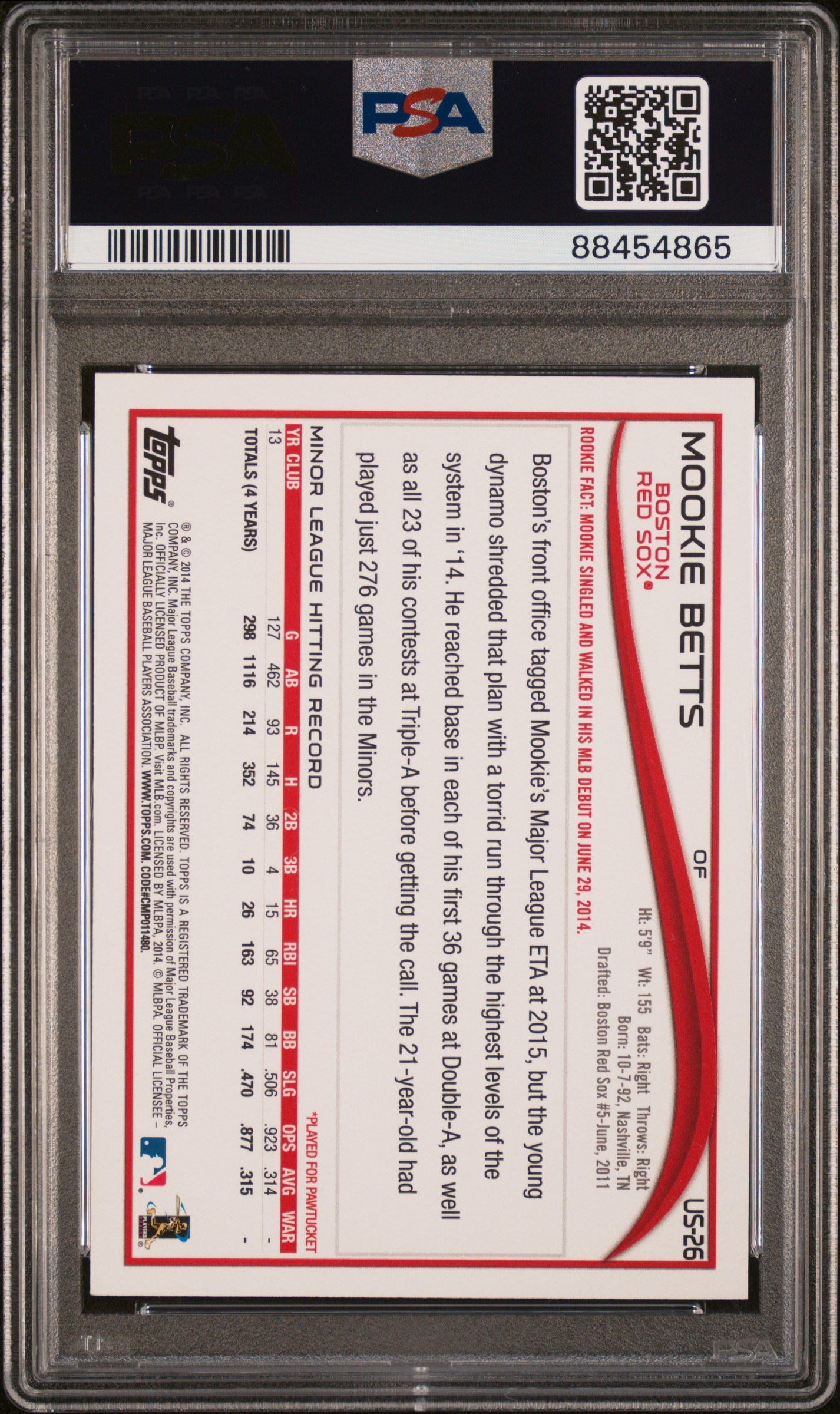 Graded 2014 Topps Update Mookie Betts #US26 Batting Rookie RC Baseball Card PSA 9 Mint