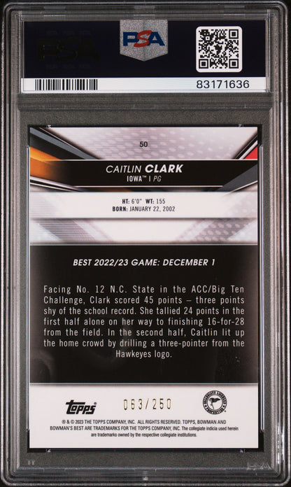 Graded 2022 Topps Bowman University Best Caitlin Clark #50 Purple Refractor #/250 Rookie RC Basketball Card PSA 10 Gem Mint