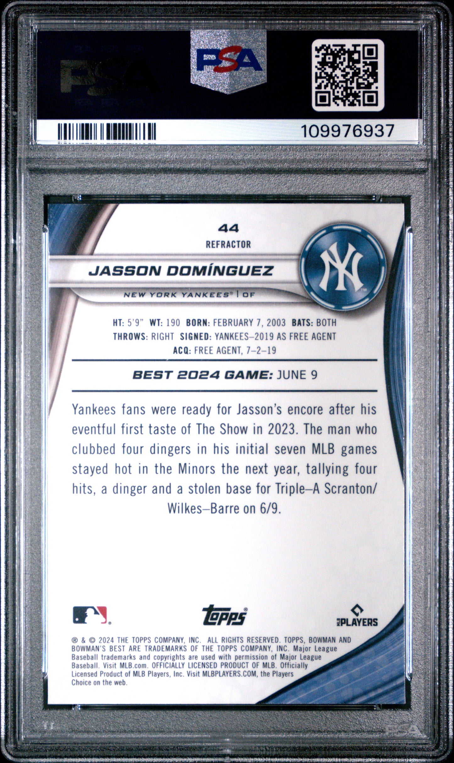 Graded 2024 Topps Bowmans Best Jasson Dominguez #44 Refractor Rookie RC Baseball Card PSA 10 Gem Mint