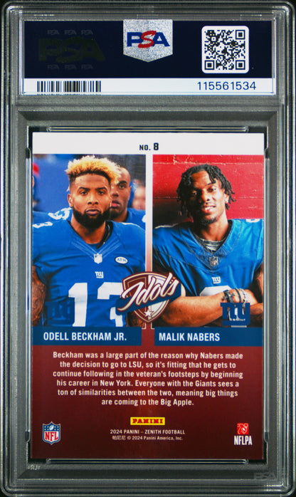 Graded 2024 Panini Zenith Malik Nabers/Odell Beckham Jr #8 Idols Rookie RC Football Card PSA 10 Gem Mint