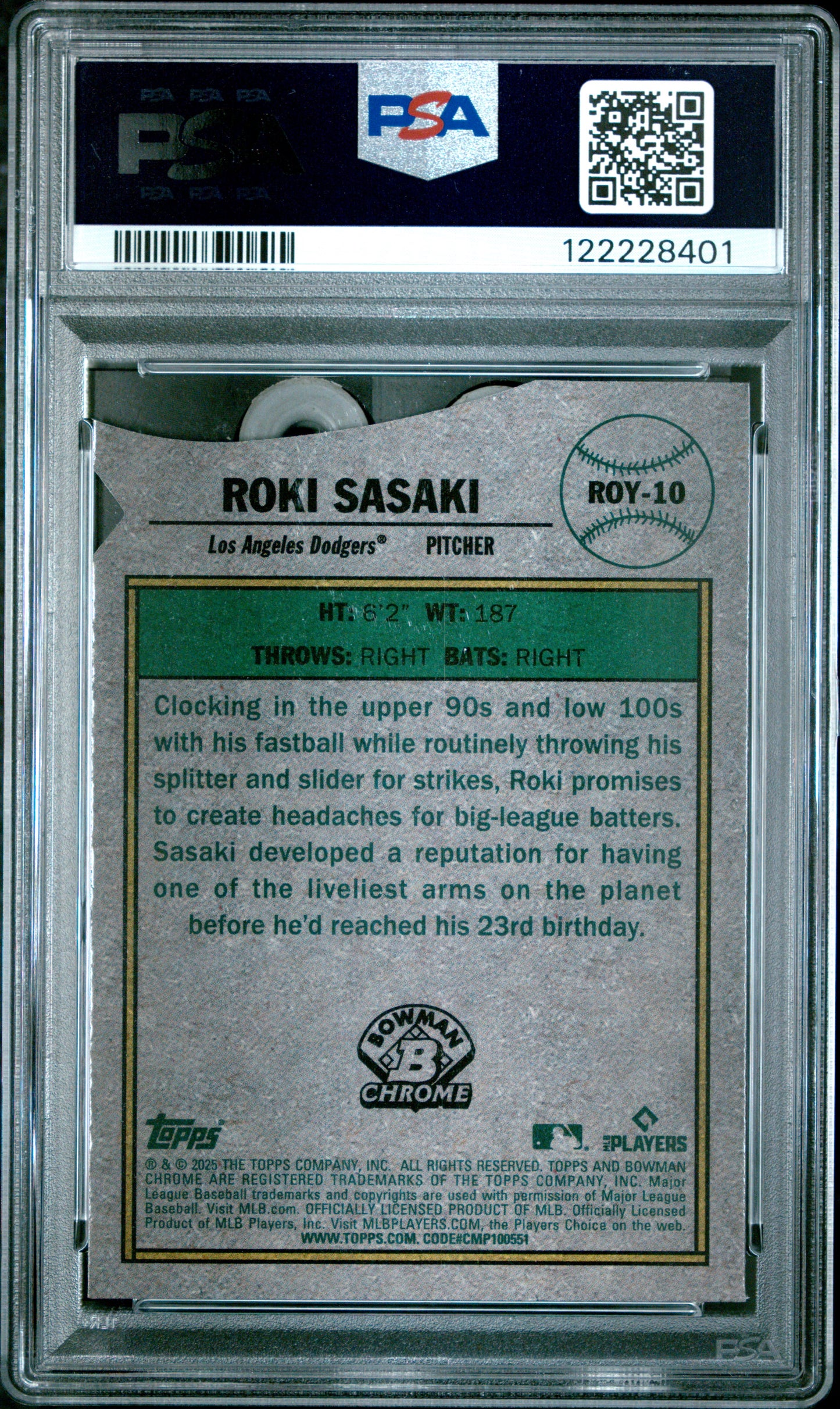 Graded 2025 Topps Bowman Roki Sasaki #ROY10 Rookie of the Year Favorite Rookie RC Baseball Card PSA 9 Mint