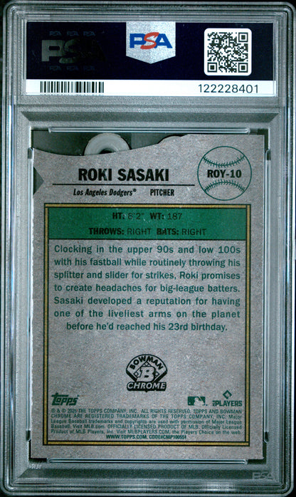 Graded 2025 Topps Bowman Roki Sasaki #ROY10 Rookie of the Year Favorite Rookie RC Baseball Card PSA 9 Mint