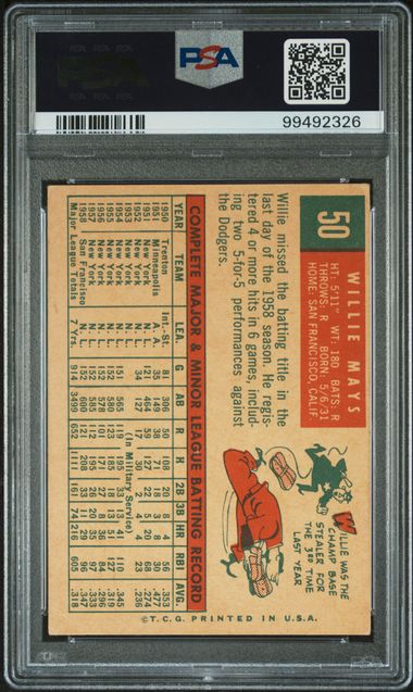 Graded 1959 Topps Willie Mays #50 Baseball Card PSA 3 Very Good