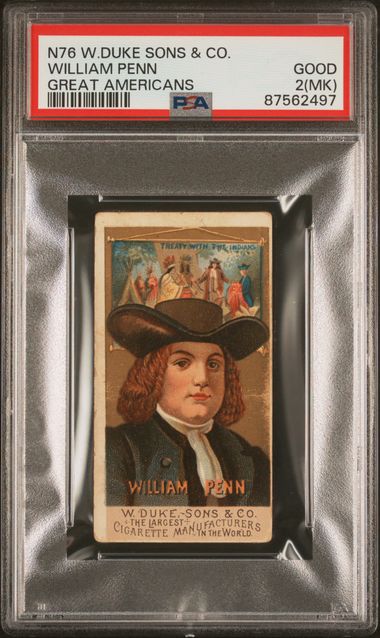 Graded 1888 N76 W. Duke, Sons & Co. Great Americans #WP William Penn Baseball Tobacco Card PSA 2