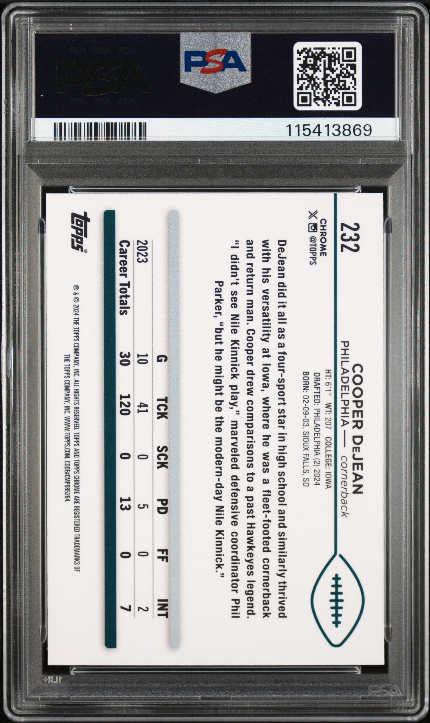 Graded 2024 Topps Chrome Cooper DeJean #232 Rookie RC Football Card PSA 9 Mint
