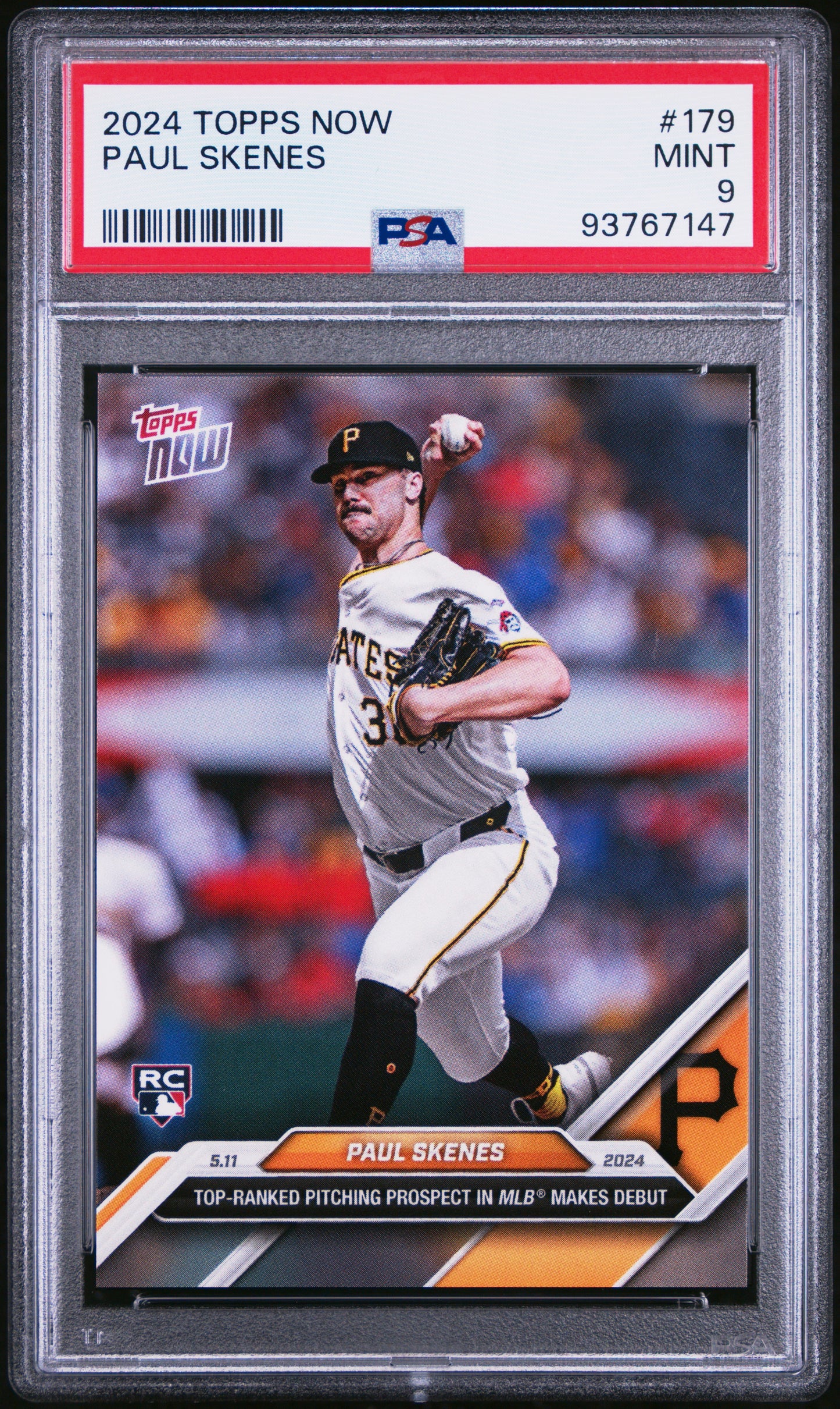 Graded 2024 Topps Now Paul Skenes #179 Major League Debut Rookie RC Baseball Card PSA 9 Mint