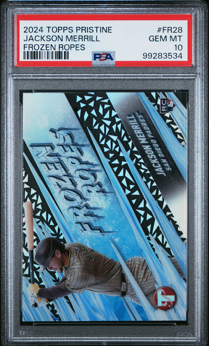 Graded 2024 Topps Pristine Jackson Merrill #FR28 Frozen Ropes Rookie RC Baseball Card PSA 10 Gem Mint