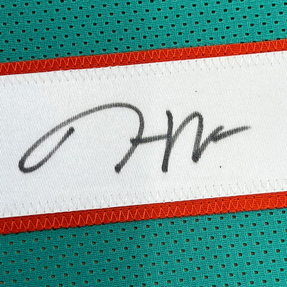Framed Autographed/Signed Jaylen Waddle 35x39 Miami Teal Football Jersey Beckett BAS COA