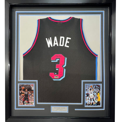 Framed Facsimile Autographed Dwyane Wade 35x39 Miami Black Vice City Reprint Laser Auto Basketball Jersey