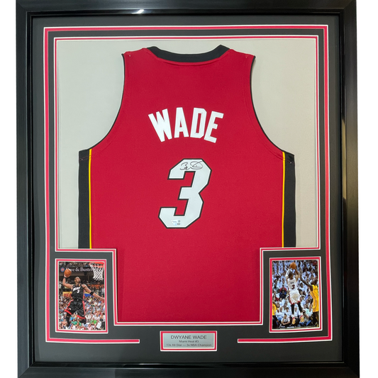Framed Autographed/Signed Dwyane Wade 35x39 Miami Heat Red 2005-06 M&N Authentic Basketball Jersey Fanatics COA