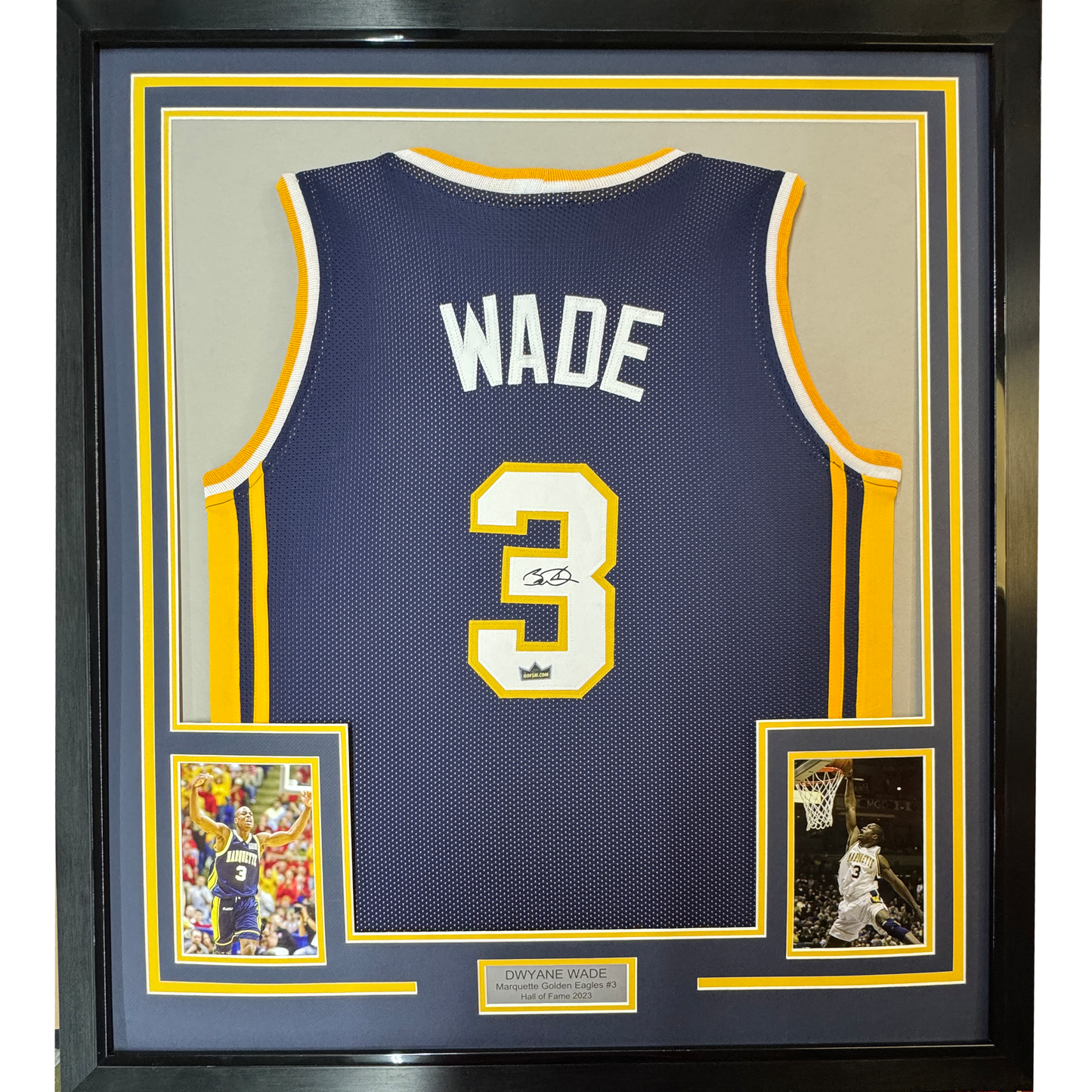 Framed Facsimile Autographed Dwyane Wade 35x39 Marquette Blue Reprint Laser Auto College Basketball Jersey