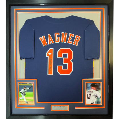 Framed Autographed/Signed Billy Wagner 35x39 422 Saves Houston Blue Baseball Jersey JSA COA