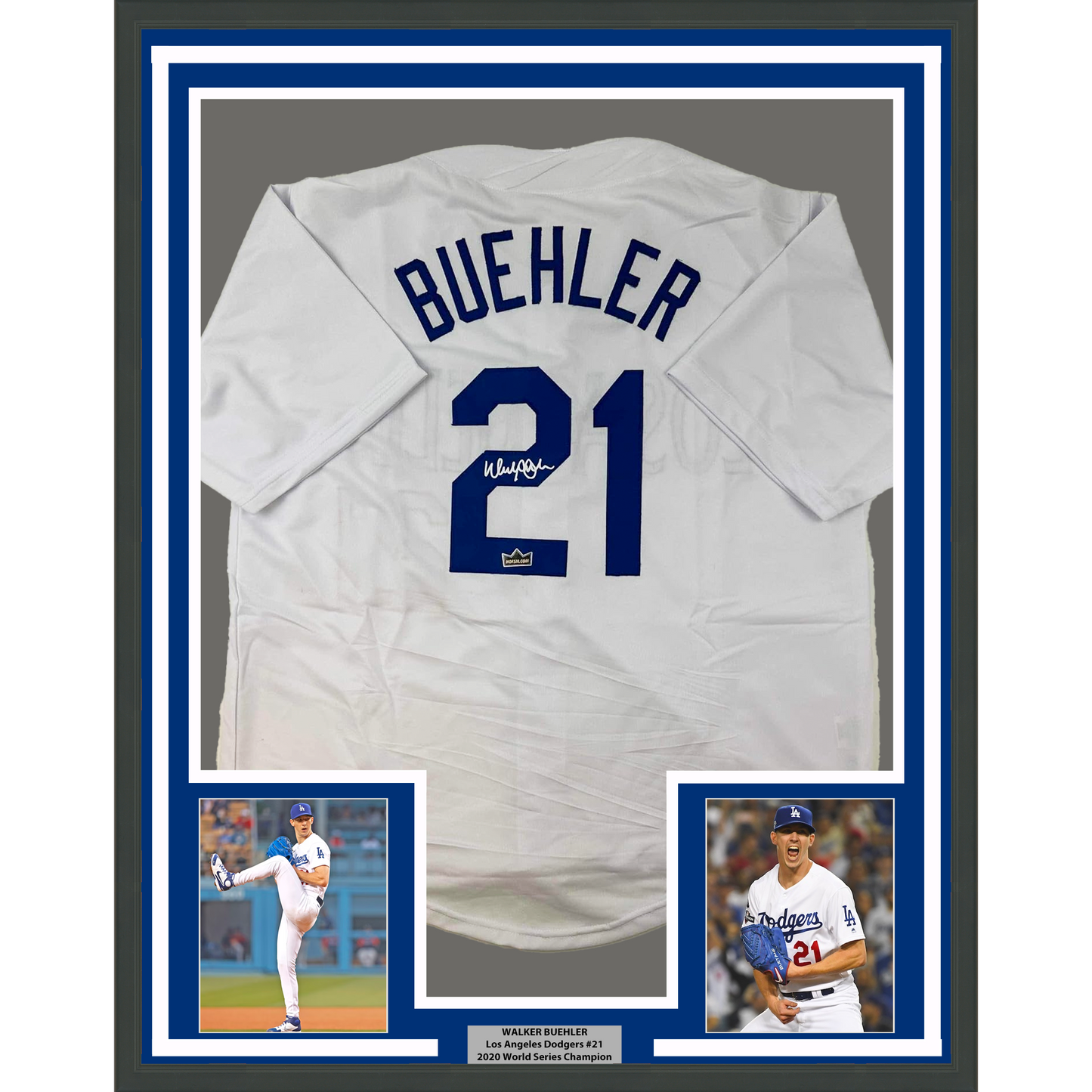 Framed Facsimile Autographed Walker Buehler 35x39 Los Angeles LA White Reprint Laser Auto Baseball Jersey