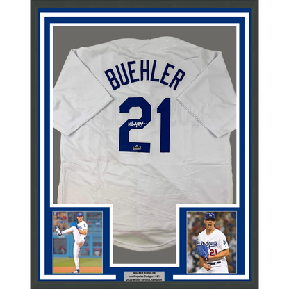 Framed Facsimile Autographed Walker Buehler 35x39 Los Angeles LA White Reprint Laser Auto Baseball Jersey
