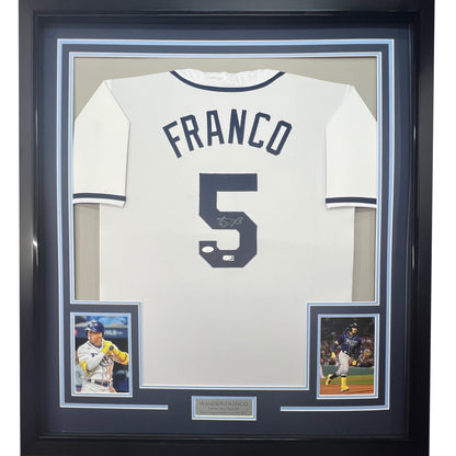 Framed Autographed/Signed Wander Franco 35x39 Tampa Bay White Baseball Jersey JSA COA