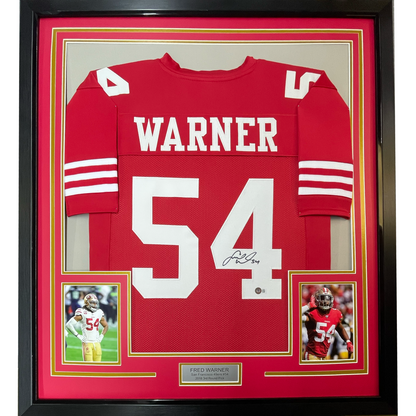 Framed Autographed/Signed Fred Warner 35x39 San Francisco Red Football Jersey Beckett BAS COA