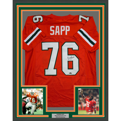 Framed Facsimile Autographed Warren Sapp 35x39 Miami Orange Reprint Laser Auto College Football Jersey