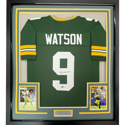 Framed Autographed/Signed Christian Watson 35x39 Green Bay Green Football Jersey Beckett BAS COA