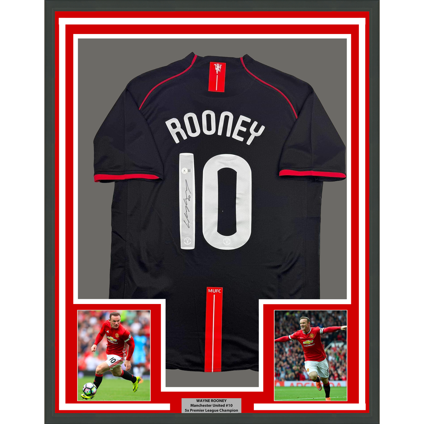 Framed Autographed/Signed Wayne Rooney 35x39 Manchester United Black 2008 Champions League Final Soccer Jersey Beckett BAS COA
