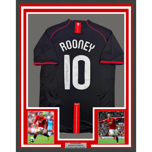 Framed Autographed/Signed Wayne Rooney 35x39 Manchester United Black 2008 Champions League Final Soccer Jersey Beckett BAS COA