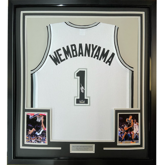 Framed Facsimile Autographed Victor Wembanyama 35x39 San Antonio White Reprint Laser Auto Basketball Jersey