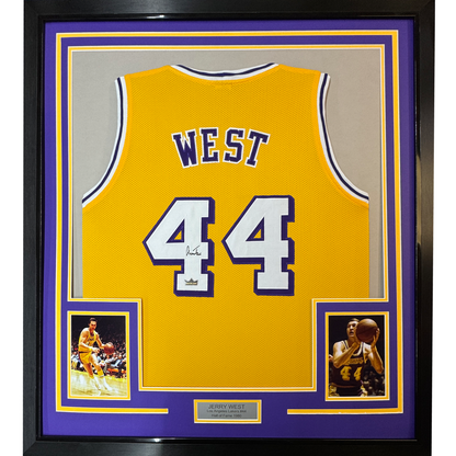 Framed Facsimile Autographed Jerry West 35x39 Los Angeles LA Yellow Reprint Laser Auto Basketball Jersey