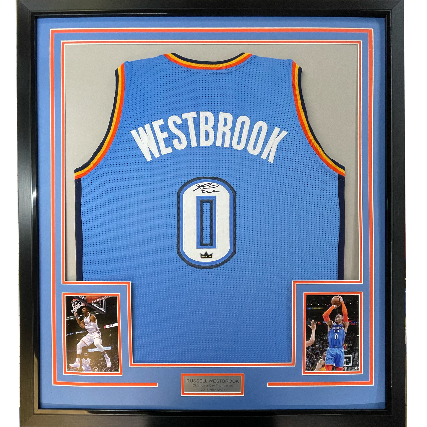Framed Facsimile Autographed Russell Westbrook 35x39 Oklahoma City Blue Reprint Laser Auto Basketball Jersey