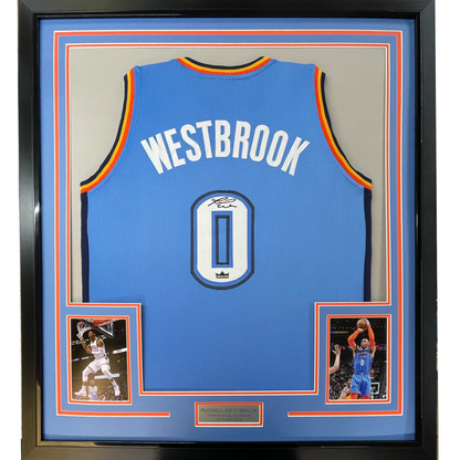 Framed Facsimile Autographed Russell Westbrook 35x39 Oklahoma City Blue Reprint Laser Auto Basketball Jersey