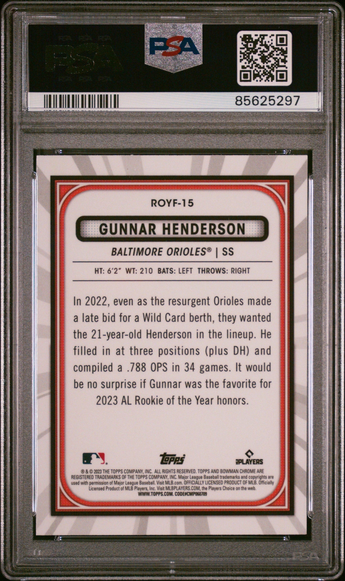 Graded 2023 Topps Bowman Gunnar Henderson #ROYF15 Rookie of the Year Favorites Rookie RC Baseball Card PSA 10 Gem Mint