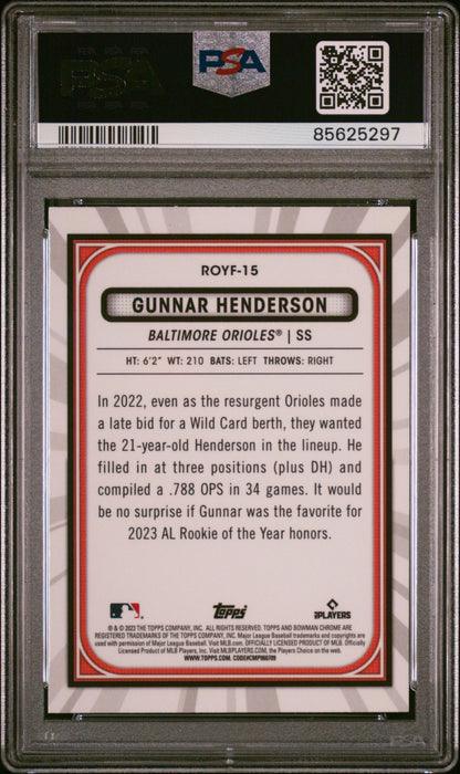 Graded 2023 Topps Bowman Gunnar Henderson #ROYF15 Rookie of the Year Favorites Rookie RC Baseball Card PSA 10 Gem Mint