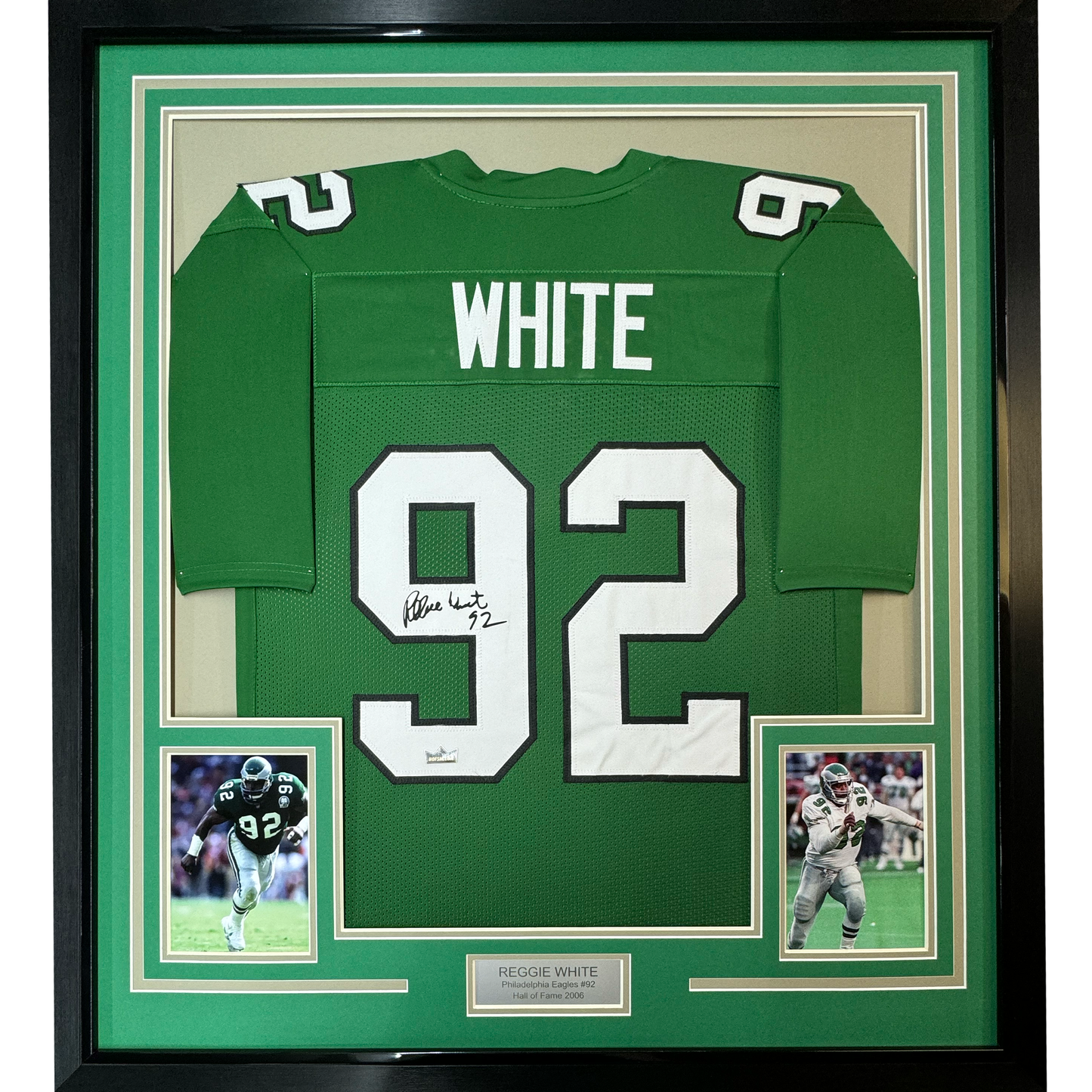 Framed Facsimile Autographed Reggie White 35x39 Philadelphia Kelly Green Reprint Laser Auto Football Jersey