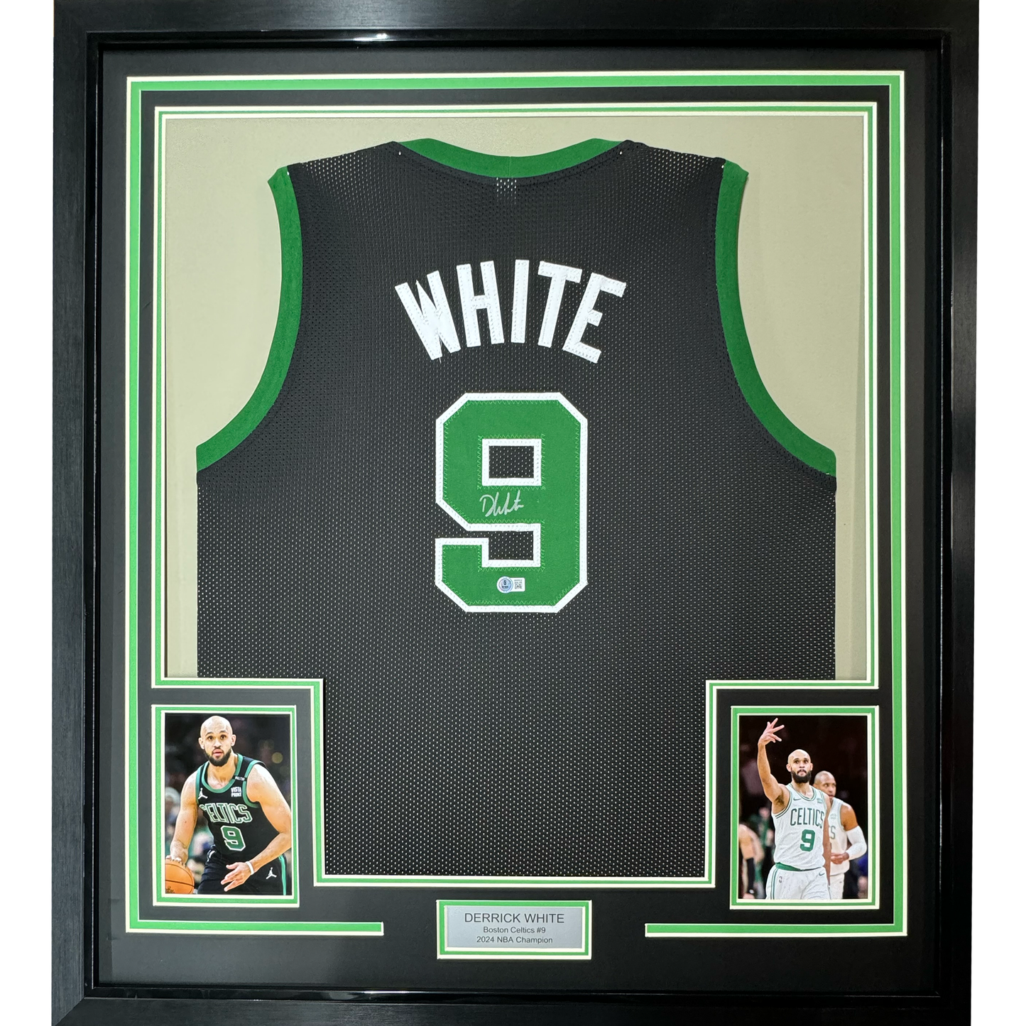 Framed Autographed/Signed Derrick White 35x39 Boston Black Basketball Jersey Beckett BAS COA