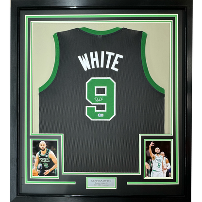 Framed Autographed/Signed Derrick White 35x39 Boston Black Basketball Jersey Beckett BAS COA