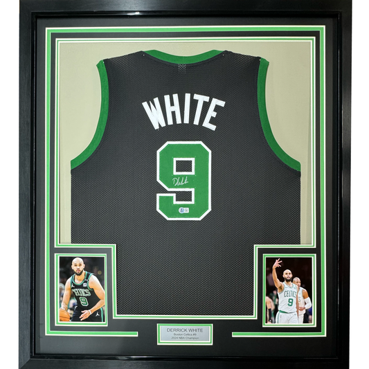 Framed Autographed/Signed Derrick White 35x39 Boston Black Basketball Jersey Beckett BAS COA