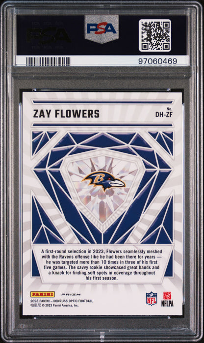 Graded 2023 Panini Donruss Optic Zay Flowers #DHZF Diamond Hands Rookie RC Football Card PSA 10 Gem Mint