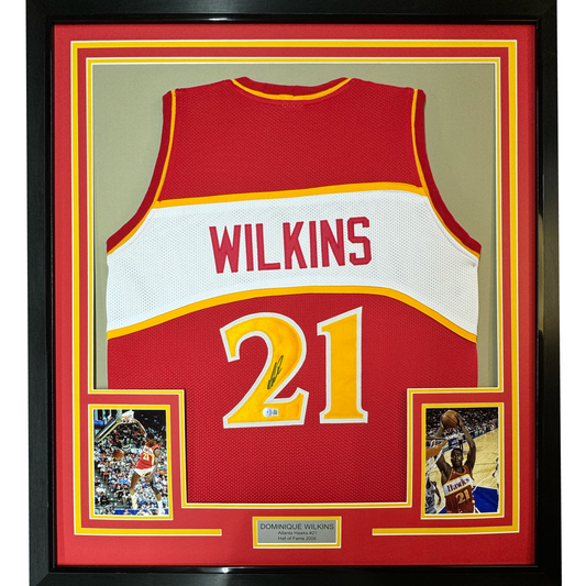 Framed Autographed/Signed Dominique Wilkins 35x39 Atlanta Red Basketball Jersey PSA/DNA COA